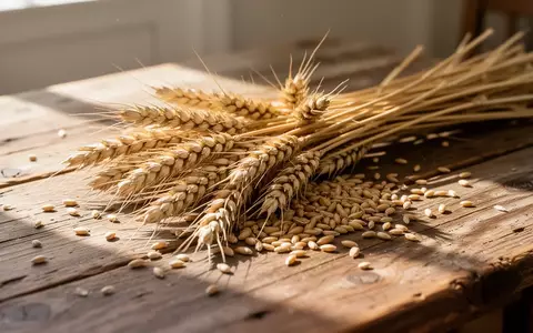 Nahaufnahme von goldenen Weizenähren und Getreidekörnern auf einem rustikalen Holztisch im sanften Tageslicht. - Foto: über boerse-global.de
