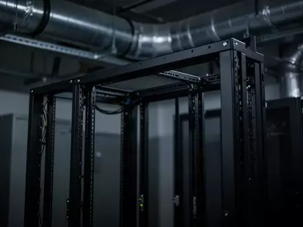 Ein dunkler, abstrakt gehaltener Serverraum mit leeren Rack-Gestellen und industrieller Belüftung in gedimmtem Licht. - Foto: über boerse-global.de