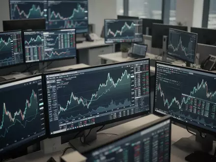 Moderne Handelsplattform mit verschwommenen Finanzdaten auf Bildschirmen in einem professionellen Büro. - Foto: über boerse-global.de