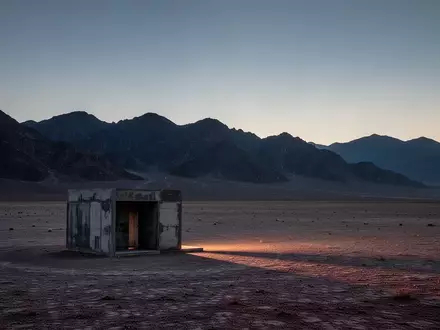 Eine weite, unberührte Wüstenlandschaft mit einer einsamen, minimalistischen Betonstruktur in der Abenddämmerung. - Foto: über boerse-global.de