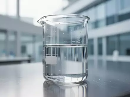 Ein klares Laborgefäß mit einer Flüssigkeit auf einer sterilen Edelstahloberfläche in einem modernen Forschungslabor. - Foto: über boerse-global.de