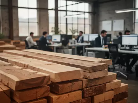 Lagerhalle für Holz mit unscharfen Büroarbeitsplätzen im Hintergrund - Foto: über boerse-global.de