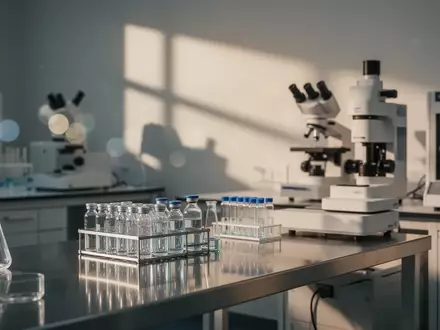 Ein minimalistisches, modernes medizinisches Labor mit analytischen Geräten und Glasgefäßen in natürlichem Licht. - Foto: über boerse-global.de