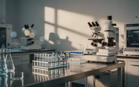Ein minimalistisches, modernes medizinisches Labor mit analytischen Geräten und Glasgefäßen in natürlichem Licht. - Foto: über boerse-global.de