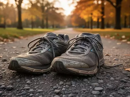 Ein Paar abgenutzte Laufschuhe auf einem Kiesweg in einem Park bei goldenem Licht. - Foto: über boerse-global.de