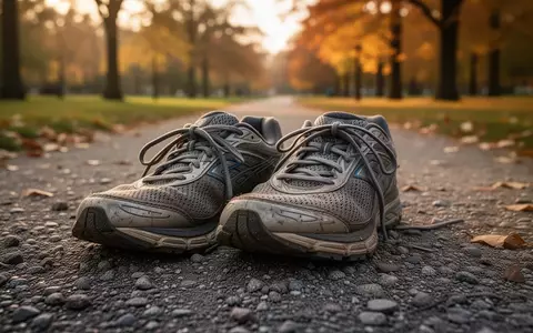 Ein Paar abgenutzte Laufschuhe auf einem Kiesweg in einem Park bei goldenem Licht. - Foto: über boerse-global.de