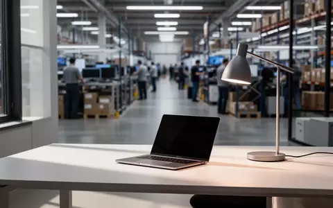 Ein moderner, aufgeräumter Arbeitsplatz in einem hellen Büro mit Blick auf ein verschwommenes Logistikzentrum. - Foto: über boerse-global.de