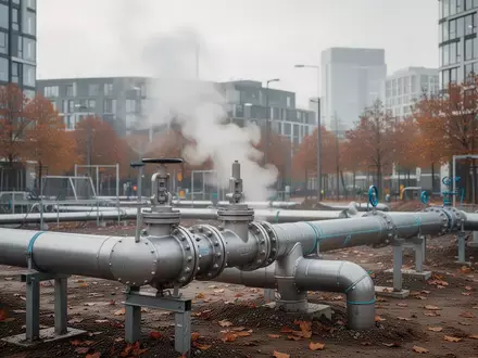 Ein modernes Fernwärmerohr in einem städtischen Umfeld mit aufsteigendem Dampf an einem kühlen Herbstmorgen. - Foto: über boerse-global.de