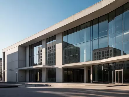 Modernes Verwaltungsgebäude mit klaren architektonischen Linien und Glasfassaden vor einem klaren blauen Himmel. - Foto: über boerse-global.de