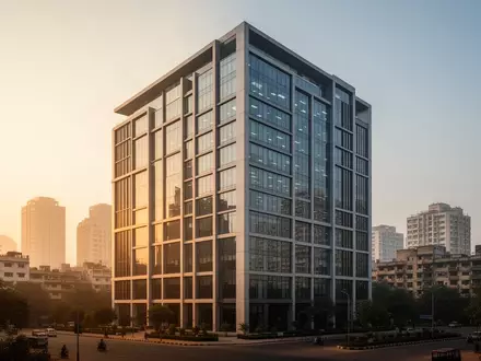 Ein modernes Bürogebäude in einem indischen Geschäftsviertel bei Sonnenuntergang. - Foto: über boerse-global.de