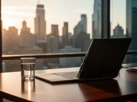 Ein moderner, professioneller Arbeitsplatz in einem Bürogebäude bei goldenem Licht, der eine nachdenkliche Finanzatmosphäre vermittelt. - Foto: über boerse-global.de