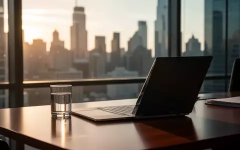 Ein moderner, professioneller Arbeitsplatz in einem Bürogebäude bei goldenem Licht, der eine nachdenkliche Finanzatmosphäre vermittelt. - Foto: über boerse-global.de