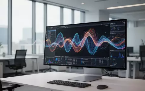 Moderner Büroarbeitsplatz mit einem Monitor, der abstrakte KI-Videografiken und komplexe digitale Wellenformen anzeigt. - Foto: über boerse-global.de