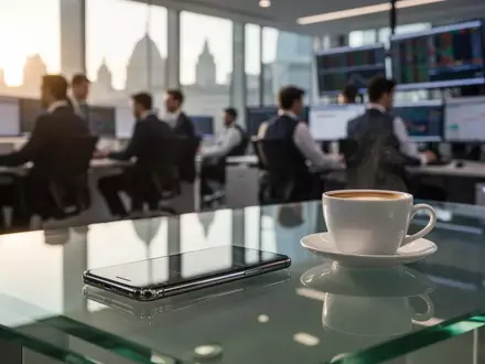 Ein moderner Finanzarbeitsplatz mit einem Smartphone und einer Kaffeetasse in einem hellen, professionellen Büro. - Foto: über boerse-global.de