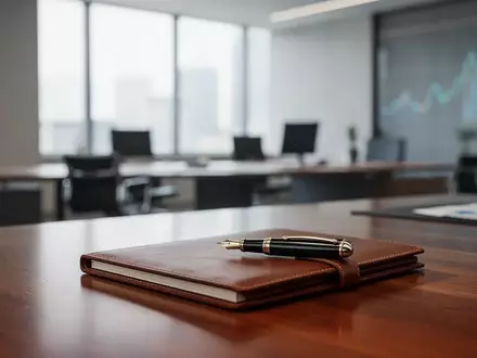 Ein minimalistischer, moderner Schreibtisch in einem Finanzbüro mit natürlichem Licht und einem Notizbuch. - Foto: über boerse-global.de