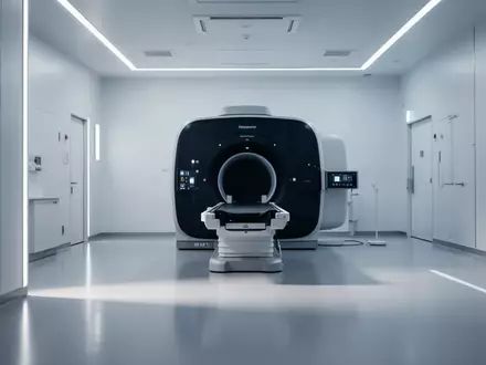 Ein minimalistischer, klinisch sauberer Radiologieraum mit einem modernen bildgebenden Gerät in einer hellen, professionellen Umgebung. - Foto: über boerse-global.de