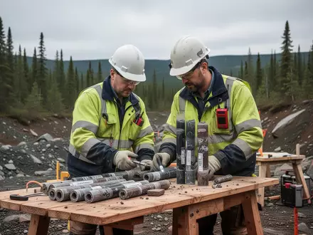 Geologe untersucht Gesteinsproben an einem Feldforschungsstandort in einer bewaldeten Landschaft. - Foto: über boerse-global.de