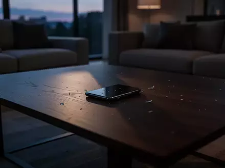 Ein unbeleuchteter Wohnraum mit einem einsamen, verdeckt auf einem Holztisch liegenden Smartphone bei Dämmerlicht. - Foto: über boerse-global.de