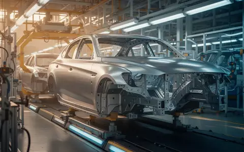 Moderne industrielle Fertigungsstraße in einer Automobilfabrik bei atmosphärischem Licht. - Foto: über boerse-global.de