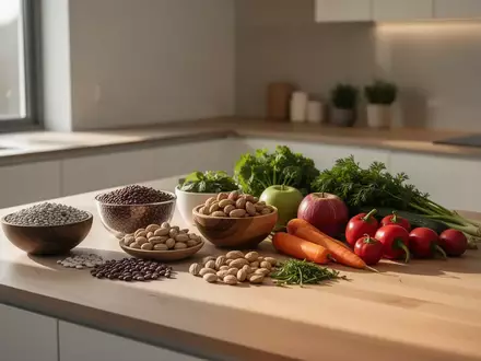 Eine Auswahl an proteinreichen, naturbelassenen Lebensmitteln wie Hülsenfrüchten und Gemüse in einer hellen, modernen Küche. - Foto: über boerse-global.de