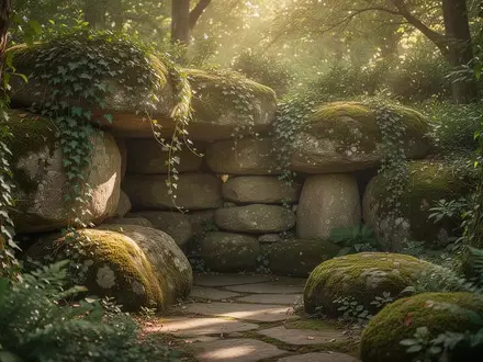 Eine friedliche Steingrotte in einem ruhigen Garten mit Moos und Efeu im natürlichen Licht. - Foto: über boerse-global.de