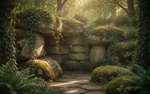 Eine friedliche Steingrotte in einem ruhigen Garten mit Moos und Efeu im natürlichen Licht. - Foto: über boerse-global.de