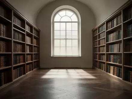 Ein minimalistisch eingerichteter Bibliotheksraum mit hohen Regalen und einfallendem Tageslicht, das Schatten auf den Boden wirft. - Foto: über boerse-global.de