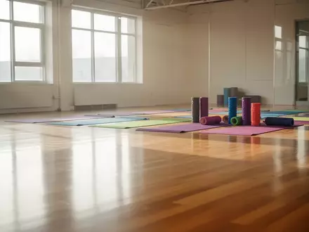 Ein heller, minimalistischer Gymnastikraum mit Holzboden, auf dem ordentlich aufgerollte Yogamatten und Schaumstoffrollen liegen. - Foto: über boerse-global.de