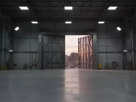 Eine leere, industrielle Testhalle mit Betonboden und einer schweren Stahltür, die auf ein felsiges Trainingsgelände blickt. - Foto: über boerse-global.de