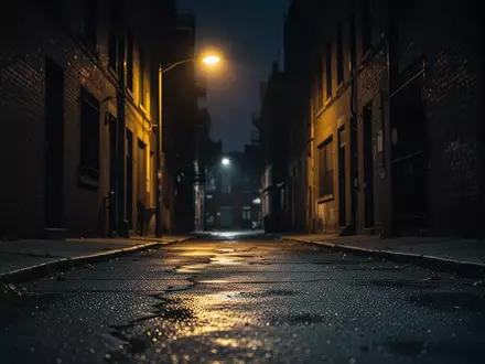 Eine nächtliche, schwach beleuchtete städtische Seitenstraße mit nassem Asphalt und dunklen Häuserfronten. - Foto: über boerse-global.de