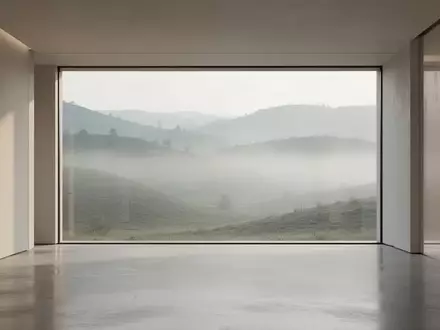 Ein minimalistischer, lichtdurchfluteter Raum mit Blick auf eine neblige Hügellandschaft. - Foto: über boerse-global.de