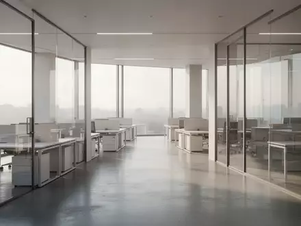 Ein heller, moderner Büroraum mit leeren Arbeitsplätzen und großen Fensterfronten in einer professionellen Umgebung. - Foto: über boerse-global.de