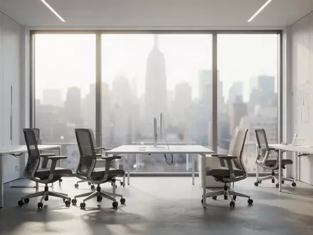 Ein minimalistisch eingerichteter, heller Büroraum mit großen Fenstern und Blick auf eine Stadt bei natürlichem Licht. - Foto: über boerse-global.de