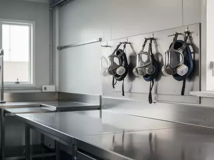 Ein sauberer, moderner Arbeitsbereich in der Industrie mit Edelstahlflächen und Schutzausrüstung an der Wand. - Foto: über boerse-global.de