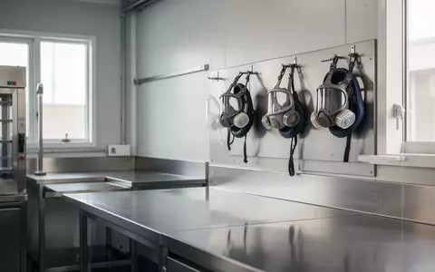 Ein sauberer, moderner Arbeitsbereich in der Industrie mit Edelstahlflächen und Schutzausrüstung an der Wand. - Foto: über boerse-global.de