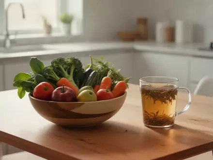 Ein minimalistischer Holztisch mit frischem Gemüse und einer Tasse Tee in einer hellen Küche. - Foto: über boerse-global.de