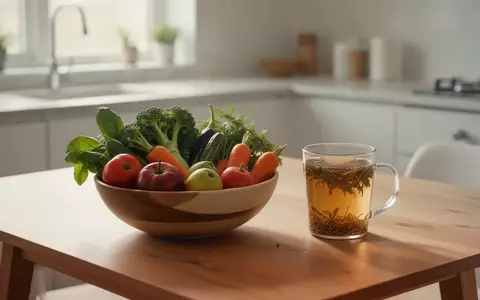 Ein minimalistischer Holztisch mit frischem Gemüse und einer Tasse Tee in einer hellen Küche. - Foto: über boerse-global.de
