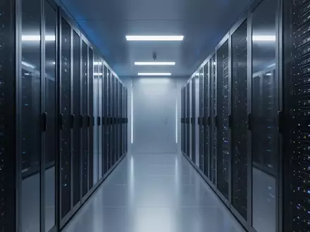Modernes Rechenzentrum mit serverracks in einer minimalistischen, blau beleuchteten Umgebung. - Foto: über boerse-global.de