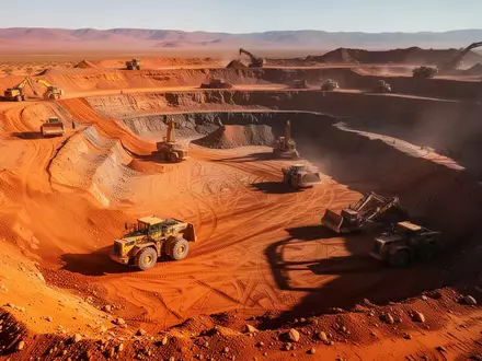Große Tagebau-Mine in der namibischen Wüste mit schweren Erdbewegungsmaschinen bei hellem Tageslicht. - Foto: über boerse-global.de