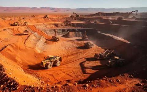 Große Tagebau-Mine in der namibischen Wüste mit schweren Erdbewegungsmaschinen bei hellem Tageslicht. - Foto: über boerse-global.de