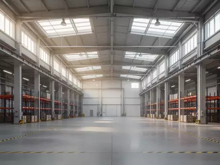 Ein weites, leeres Lagerhaus mit hohen Decken, geordneten Regalen und Industrieböden bei natürlichem Lichteinfall. - Foto: über boerse-global.de