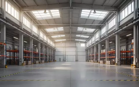 Ein weites, leeres Lagerhaus mit hohen Decken, geordneten Regalen und Industrieböden bei natürlichem Lichteinfall. - Foto: über boerse-global.de