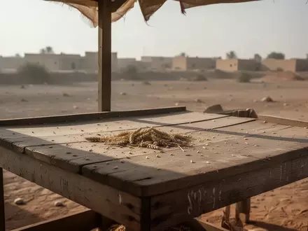 Ein leerer, verwitterter Markttisch mit vereinzelten Getreidekörnern in einer kargen Landschaft als Symbol für Nahrungsmittelknappheit. - Foto: über boerse-global.de