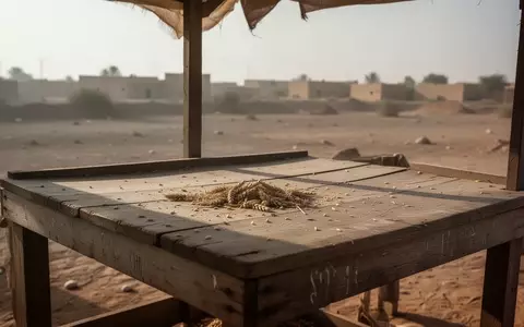 Ein leerer, verwitterter Markttisch mit vereinzelten Getreidekörnern in einer kargen Landschaft als Symbol für Nahrungsmittelknappheit. - Foto: über boerse-global.de