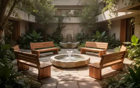 Ein sonniger Gartenhof mit Sitzgelegenheiten und einem Wasserbecken für therapeutische Zwecke in einer Pflegeeinrichtung. - Foto: über boerse-global.de