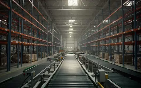 Leere, automatisierte Logistiklagerhalle mit Regalsystemen und Förderbändern in einer Industrieumgebung. - Foto: über boerse-global.de