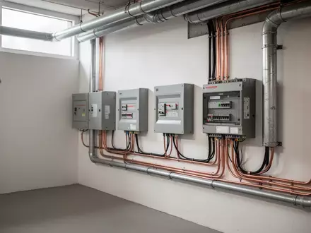 Moderne elektrische Hausanschlussanlage mit Wandverteilern und Stromtechnik in einem hellen Technikraum. - Foto: über boerse-global.de