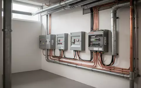 Moderne elektrische Hausanschlussanlage mit Wandverteilern und Stromtechnik in einem hellen Technikraum. - Foto: über boerse-global.de