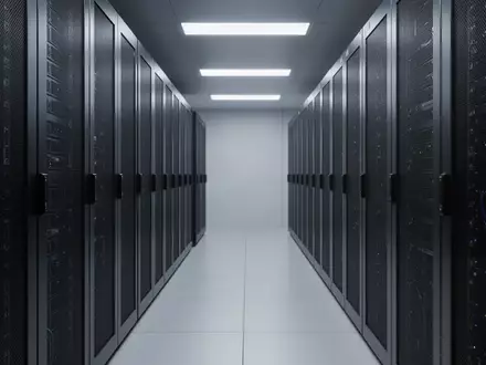Ein minimalistischer, leerer Serverraum mit geordneten, metallischen Server-Racks in kühler Beleuchtung. - Foto: über boerse-global.de
