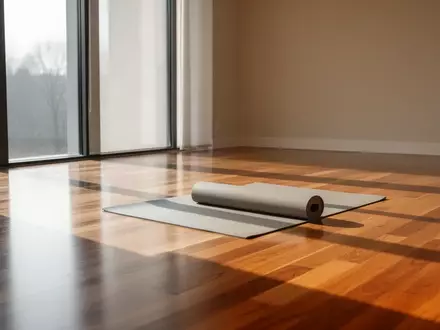 Eine helle, minimalistische Trainingsfläche mit einer ausgerollten Yogamatte auf einem Holzboden in einem sonnendurchfluteten Raum. - Foto: über boerse-global.de